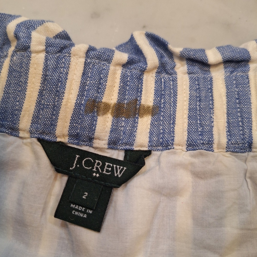 J.Crew Linen Blend Preppy Mini Skirt Sz 2 Blue Striped Paperbag Waist Lined - Picture 2 of 8